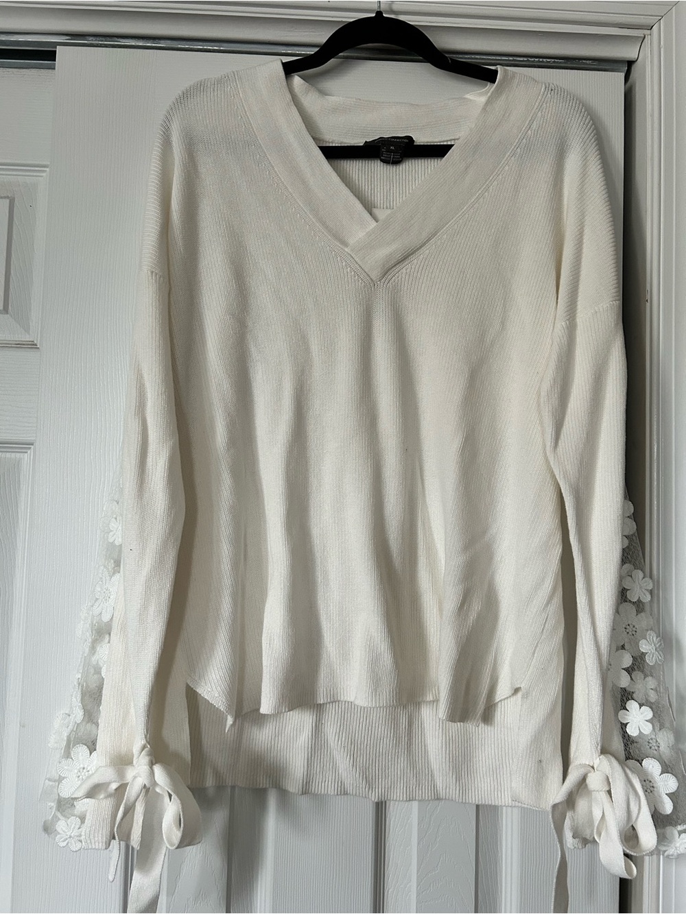 French Connection Cream V-Neck Sweater with Lace Tie Cuffs